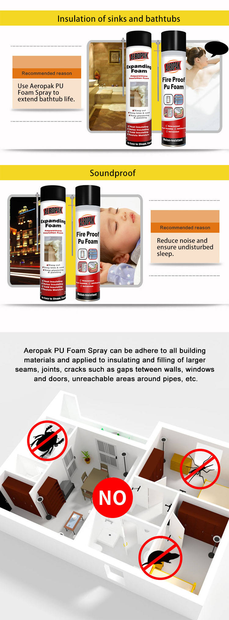 AEROPAK Adhesive Sealant Filler Spray Expanding PU Foam for tube type 750ml/500ml