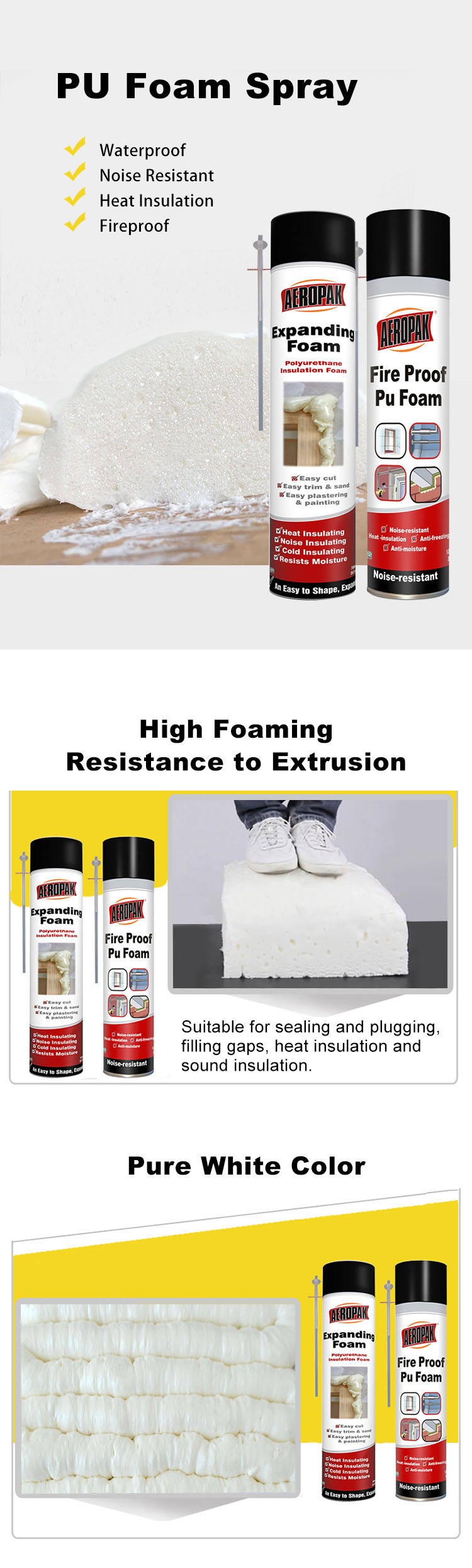 AEROPAK spumam elisam polyurethane/ high temp PU foam spray tube/gun type 750ml manufacturer ROHS certificate